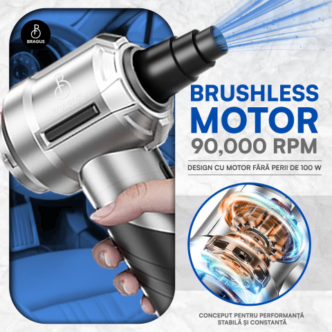 Mini Aspirator Portabil, BRAGUS, Pliabil, 15000Pa, 100W, Baterie 6000mAh, Autonomie 30min, 2in1 Aspirare si Suflare, Vidare, Umflare, 8 Accesorii, 3 Viteze, Filtru HEPA Reutilizabil, 3 Filtre Incluse [3]