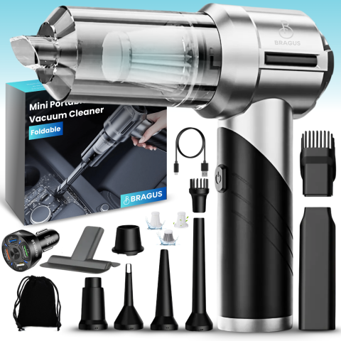 Mini Aspirator Portabil, BRAGUS, Pliabil, 15000Pa, 100W, Baterie 6000mAh, Autonomie 30min, 2in1 Aspirare si Suflare, Vidare, Umflare, 8 Accesorii, 3 Viteze, Filtru HEPA Reutilizabil, 3 Filtre Incluse [0]