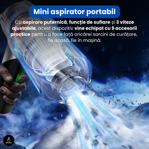 Mini Aspirator Portabil, BRAGUS, Pliabil, 15000Pa, 100W, Baterie 6000mAh, Autonomie 30min, 2in1 Aspirare si Suflare, Vidare, Umflare, 8 Accesorii, 3 Viteze, Filtru HEPA Reutilizabil, 3 Filtre Incluse [8]