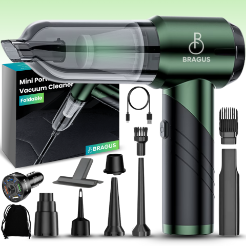 Aspiratoare si Accesorii Auto - Mini Aspirator Portabil, BRAGUS, Pliabil, 16000Pa, 100W, Baterie 6000mAh, Autonomie 30min, 2in1 Aspirare si Suflare, Vidare, Umflare, 9 Accesorii, 3 Viteze, Filtru HEPA Reutilizabil, 3 Filtre