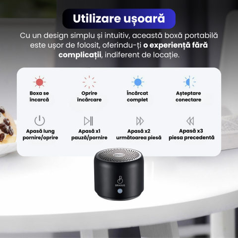 Boxa Portabila Mini, BRAGUS, Boxa Bluetooth 5.0, Rezistenta la Apa IPX7 si Praf, Baterie 700mAh, Autonomie 17h, Bass Puternic, Calitate Audio Excelenta, Stereo, Husa Protectie Inclusa, Wireless, 175g [6]
