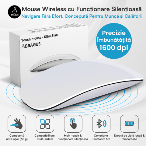 Mouse Wireless cu Gesturi, BRAGUS, Reincarcabil USB-C, Ultra Subtire, 1600 dpi, 68gr, Mouse Touch cu Gesturi, Silentios, Design Elegant, Compact, Mouse fara fir, Compatibil cu Laptop, Telefon, Tableta [1]