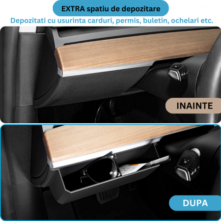 Organizator auto BRAGUS®, pentru bord, langa volan, cu 2 compartimente pentru depozitare, compatibil Tesla Model 3/Y 2021-2023, din plastic, negru [1]