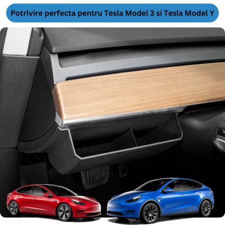 Organizator auto BRAGUS®, pentru bord, langa volan, cu 2 compartimente pentru depozitare, compatibil Tesla Model 3/Y 2021-2023, din plastic, negru [2]