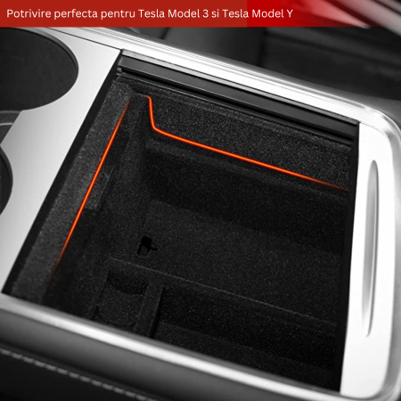 Organizator auto BRAGUS®, pentru consola centrala Tesla, cu 3 compartimente pentru depozitare, compatibil Model 3 2021-2023, Model Y 2021-2024, material textil, negru [1]