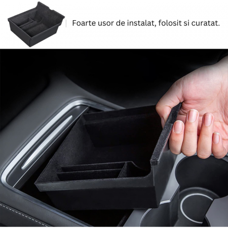 Organizator auto BRAGUS®, pentru consola centrala Tesla, cu 3 compartimente pentru depozitare, compatibil Model 3 2021-2023, Model Y 2021-2024, material textil, negru [4]