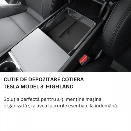 Organizator auto pentru consola centrala Tesla, cu 2 compartimente pentru depozitare, sub cotiera, compatibil Model 3 Highland, din plastic, BRAGUS®, negru [1]