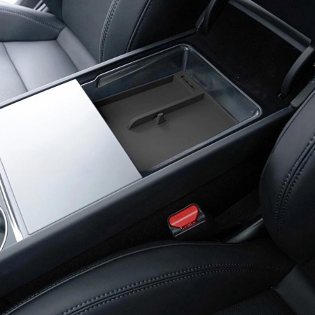 Organizator auto pentru consola centrala Tesla, cu 2 compartimente pentru depozitare, sub cotiera, compatibil Model 3 Highland, din plastic, BRAGUS®, negru [2]