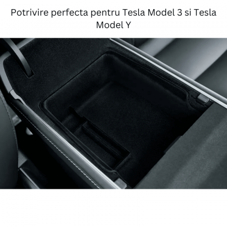 Organizator auto pentru consola centrala Tesla, cu 3 compartimente pentru depozitare, sub cotiera, compatibil Model 3/Y 2021-2023, material textil, BRAGUS®, negru [1]
