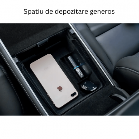 Organizator auto pentru consola centrala Tesla, cu 3 compartimente pentru depozitare, sub cotiera, compatibil Model 3/Y 2021-2023, material textil, BRAGUS®, negru [2]