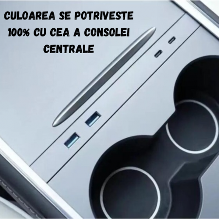 Panou extensie cu 4 porturi, 2xUSB A si 2xUSB C, fara lumina ambientala, compatibil Tesla Model 3, Tesla Model Y, 2021-2023, integrat in consola centrala, BRAGUS®, Gri [3]