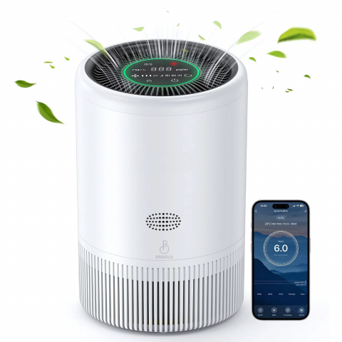 Home & Deco - Purificator de aer BRAGUS, control inteligent prin Wi-Fi, ecran digital, mod special pentru somn, purificare rapida, filtru de carbon activ, filtrare 3in1 HEPA H13, Alexa, Google Home, alb
