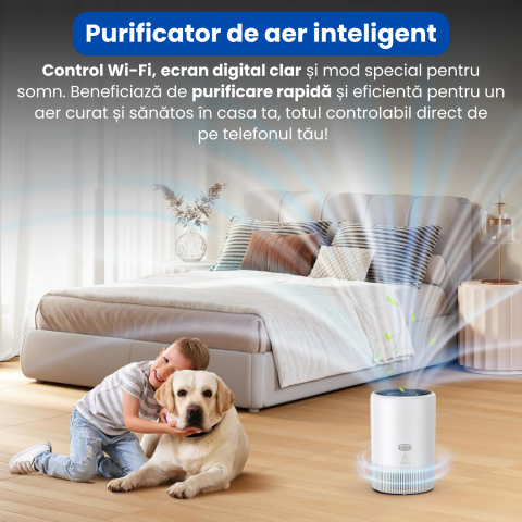 Purificator de aer BRAGUS, control inteligent prin Wi-Fi, ecran digital, mod special pentru somn, purificare rapida, filtru de carbon activ, filtrare 3in1 HEPA H13, Alexa, Google Home, alb [1]