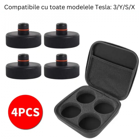 Set 4 pucuri din cauciuc compatibile Tesla Model 3/Y/S/X, pentru ridicarea masinii pe cric sau elevator, cu inel din plastic pentru sustinere, geanta pentru depozitare inclusa, BRAGUS®, negre [4]