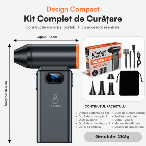 Suflanta Aer Comprimat, Portabila, Turbo 110000 RPM, 3 Trepte de Viteza, Baterie 5200 mAh, Lumina LED, Pana la 60 Minute Utilizare, Reincarcabila USB-C, Motor Brushless 100W, Pentru Curte sau Masina [3]