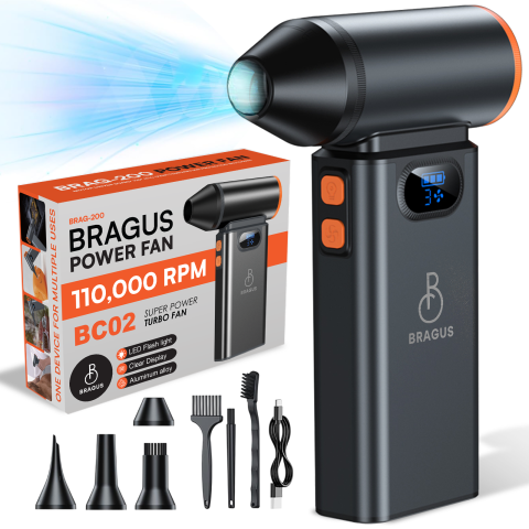 Aspiratoare si Accesorii Auto - Suflanta Aer Comprimat, Portabila, Turbo 110000 RPM, 3 Trepte de Viteza, Baterie 5200 mAh, Lumina LED, Pana la 60 Minute Utilizare, Reincarcabila USB-C, Motor Brushless 100W, Pentru Curte sau Masina