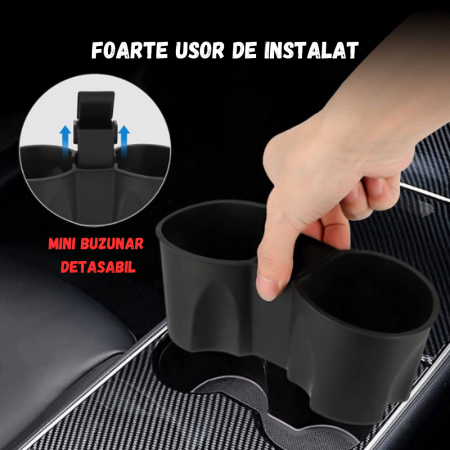 Suport auto pentru pahare, din silicon, cu depozitare incorporata, compatibil cu Tesla Model 3 2021-2023, Tesla Model Y 2021-2024, detasabil, BRAGUS®, negru [1]