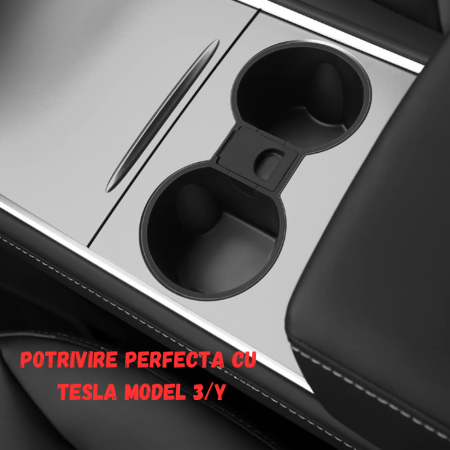 Suport auto pentru pahare, din silicon, cu depozitare incorporata, compatibil cu Tesla Model 3 2021-2023, Tesla Model Y 2021-2024, detasabil, BRAGUS®, negru [4]