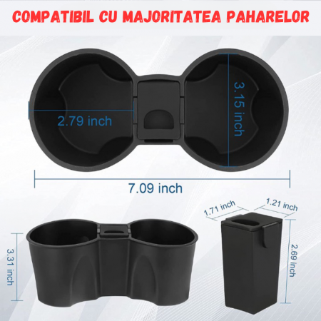 Suport auto pentru pahare, din silicon, cu depozitare incorporata, compatibil cu Tesla Model 3 2021-2023, Tesla Model Y 2021-2024, detasabil, BRAGUS®, negru [2]
