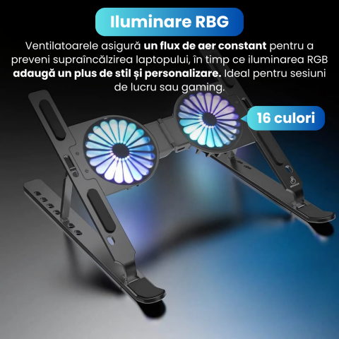 Suport pliabil pentru laptop, C9 Pro, BRAGUS, ventilatoare duble, 2 viteze, iluminare RBG, compatibil cu laptopuri pana la 17 inch, 7 niveluri de reglare, protectie anti-zgarieturi, pliabil [3]