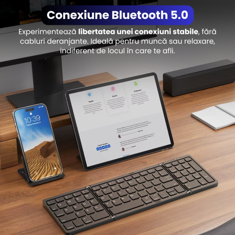 Tastatura Pliabila Ultra Subtire, Bluetooth 5.0, Reincarcabila USB, 140mAh, Autonomie 100h, Pliabila in 3 sectiuni, 3 Conectari Simultane, Wireless, Compatibila cu Android, iOS, Smart TV, PC, 200g [2]