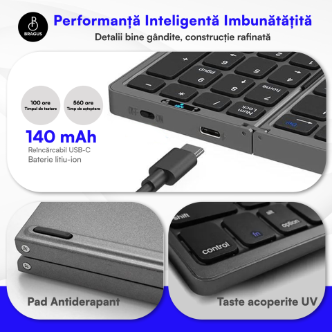 Tastatura Pliabila Ultra Subtire, Bluetooth 5.0, Reincarcabila USB, 140mAh, Autonomie 100h, Pliabila in 3 sectiuni, 3 Conectari Simultane, Wireless, Compatibila cu Android, iOS, Smart TV, PC, 200g [5]