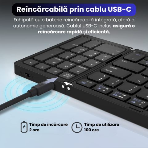 Tastatura Pliabila Ultra Subtire, Bluetooth 5.0, Reincarcabila USB, 140mAh, Autonomie 100h, Pliabila in 3 sectiuni, 3 Conectari Simultane, Wireless, Compatibila cu Android, iOS, Smart TV, PC, 200g [5]