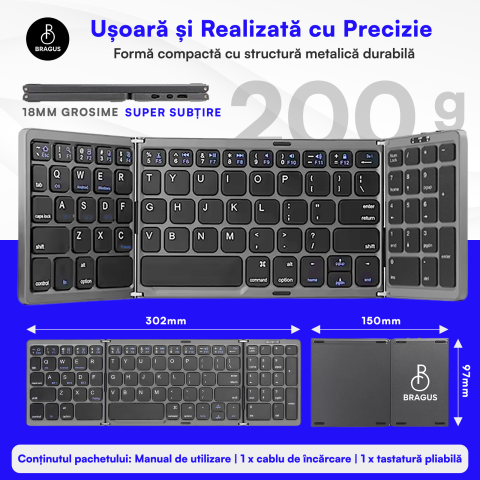 Tastatura Pliabila Ultra Subtire, Bluetooth 5.0, Reincarcabila USB, 140mAh, Autonomie 100h, Pliabila in 3 sectiuni, 3 Conectari Simultane, Wireless, Compatibila cu Android, iOS, Smart TV, PC, 200g [2]