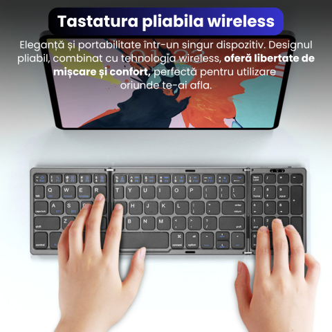 Tastatura Pliabila Ultra Subtire, Bluetooth 5.0, Reincarcabila USB, 140mAh, Autonomie 100h, Pliabila in 3 sectiuni, 3 Conectari Simultane, Wireless, Compatibila cu Android, iOS, Smart TV, PC, 200g [1]