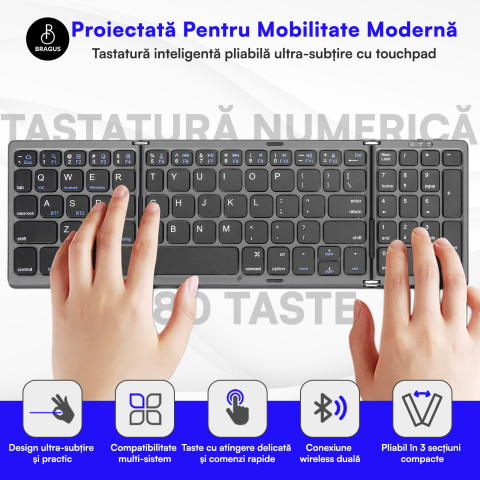 Tastatura Pliabila Ultra Subtire, Bluetooth 5.0, Reincarcabila USB, 140mAh, Autonomie 100h, Pliabila in 3 sectiuni, 3 Conectari Simultane, Wireless, Compatibila cu Android, iOS, Smart TV, PC, 200g [1]