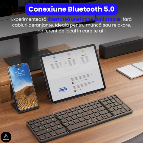 Tastatura Pliabila Ultra Subtire, Bluetooth 5.0, Reincarcabila USB, 140mAh, Autonomie 100h, Pliabila in 3 sectiuni, 3 Conectari Simultane, Wireless, Compatibila cu Android, iOS, Smart TV, PC, 200g [9]
