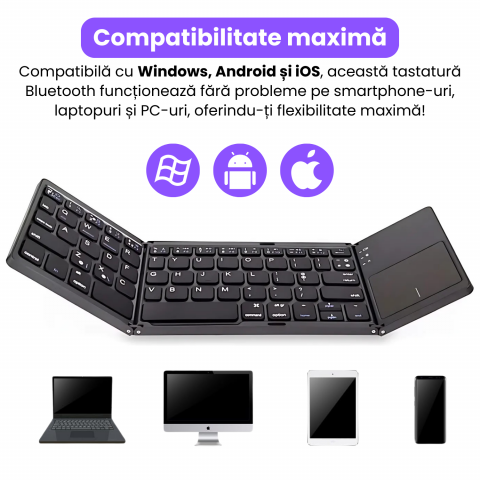 Tastatura Wireless Pliabila, Ultra Subtire, Portabila, Reincarcabila USB-C, Touch Pad cu 2 click- uri, Pliabila in 3 sectiuni, Bluetooth 5.0, Compatibila Android, iOS, Smart TV, Tableta, PC, 200g [2]