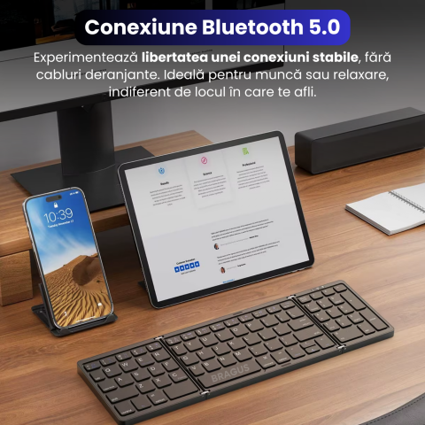 Tastatura Pliabila Ultra Subtire, Bluetooth 5.0, Reincarcabila USB, 140mAh, Autonomie 100h, Pliabila in 3 sectiuni, 3 Conectari Simultane, Wireless, Compatibila cu Android, iOS, Smart TV, PC, 200g [2]
