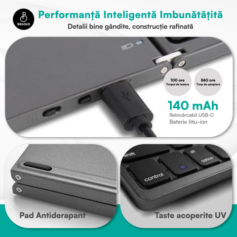 Tastatura Wireless Pliabila, Ultra Subtire, Portabila, Reincarcabila USB-C, Touch Pad cu 2 click- uri, Pliabila in 3 sectiuni, Bluetooth 5.0, Compatibila Android, iOS, Smart TV, Tableta, PC, 200g [5]