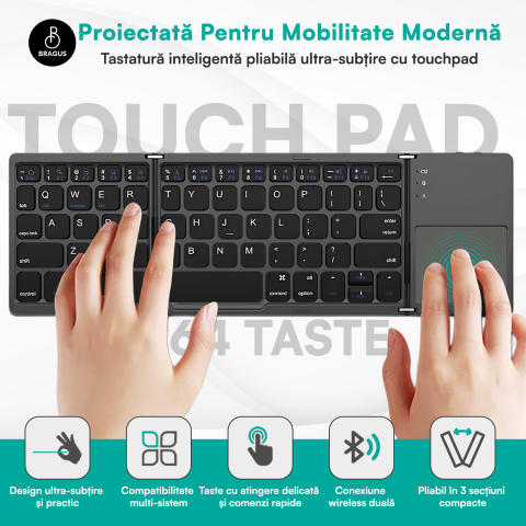 Tastatura Wireless Pliabila, Ultra Subtire, Portabila, Reincarcabila USB-C, Touch Pad cu 2 click- uri, Pliabila in 3 sectiuni, Bluetooth 5.0, Compatibila Android, iOS, Smart TV, Tableta, PC, 200g [1]
