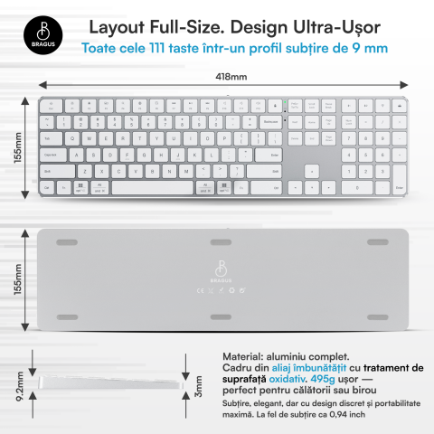 Tastatura Wireless Reincarcabila, Bluetooth 5.2, 500mAh, Ultra Subtire, Aluminiu, Click Scissor Switch, Conectare pe 3 Dispozitive, Compatibila PC, Windows, Mac, iOS, Android, Type- C, 495g [2]