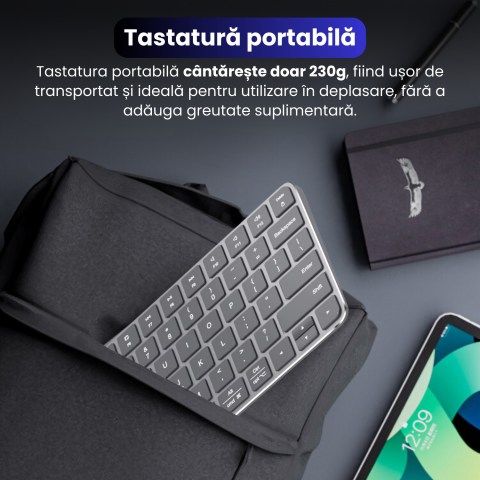 Tastatura Wireless Reincarcabila, BRAGUS, Bluetooth 5.1, USB, 500mAh, Ultra Subtire, Aluminiu, Conectare Simultana pe 3 Dispozitive, Compatibila PC, Windows, Mac, iOS, Android, Type-C, 230g [6]