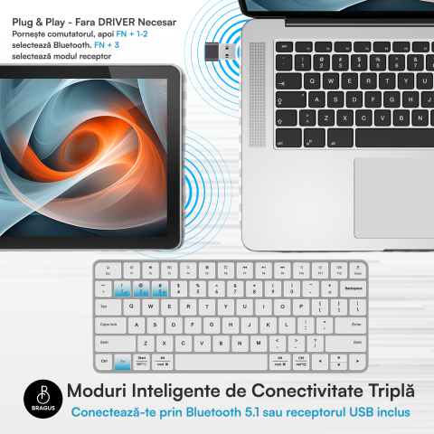 Tastatura Wireless Reincarcabila, BRAGUS, Bluetooth 5.1, USB, 500mAh, Ultra Subtire, Aluminiu, Conectare Simultana pe 3 Dispozitive, Compatibila PC, Windows, Mac, iOS, Android, Type-C, 230g [4]