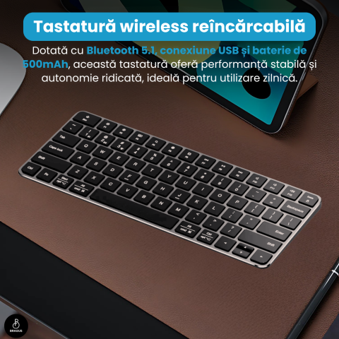 Tastatura Wireless Reincarcabila, BRAGUS, Bluetooth 5.1, USB, 500mAh, Ultra Subtire, Aluminiu, Conectare Simultana pe 3 Dispozitive, Compatibila PC, Windows, Mac, iOS, Android, Type-C, 230g [8]