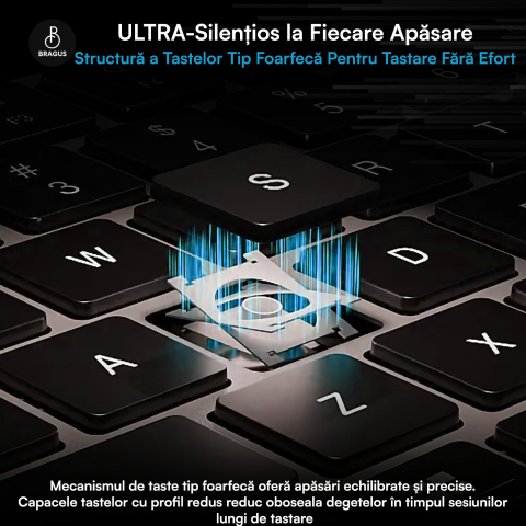 Tastatura Wireless Reincarcabila, BRAGUS, Bluetooth 5.1, USB, 500mAh, Ultra Subtire, Aluminiu, Conectare Simultana pe 3 Dispozitive, Compatibila PC, Windows, Mac, iOS, Android, Type-C, 230g [3]
