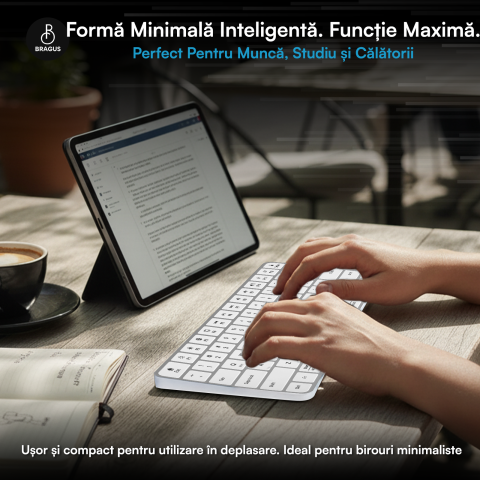 Tastatura Wireless Reincarcabila, BRAGUS, Bluetooth 5.1, USB, 500mAh, Ultra Subtire, Aluminiu, Conectare Simultana pe 3 Dispozitive, Compatibila PC, Windows, Mac, iOS, Android, Type-C, 230g [7]