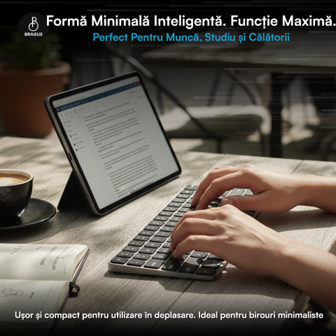 Tastatura Wireless Reincarcabila, BRAGUS, Bluetooth 5.1, USB, 500mAh, Ultra Subtire, Aluminiu, Conectare Simultana pe 3 Dispozitive, Compatibila PC, Windows, Mac, iOS, Android, Type-C, 230g [7]