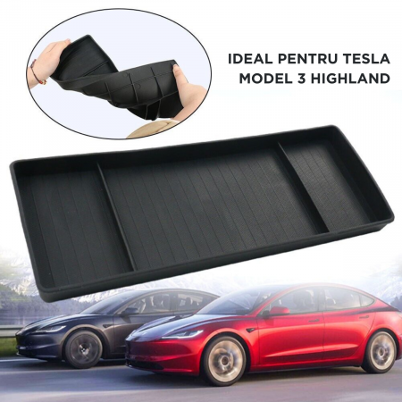 Tavita pentru depozitare compatibila cu Tesla Model 3 Highland, montare in spatele tabletei. compartimentata, BRAGUS®, din plastic, neagra [2]