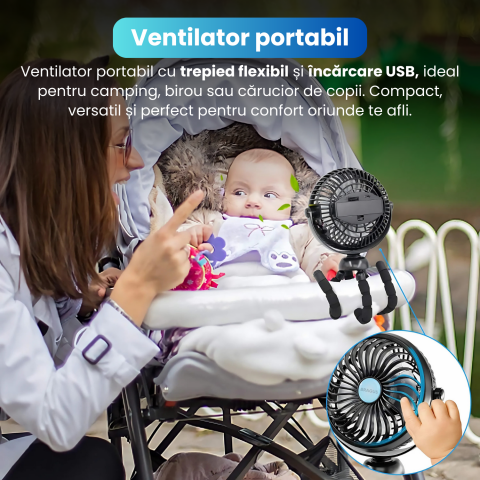 Ventilator Portabil, Trepied Flexibil si Detasabil, Baterie 2600mAh, Autonomie 10h, Reincarcabil USB, 3 Trepte, Rotire 360, Silentios, Ventilator Mobil Birou, Calatorie, Camping, Masina, Casa, Negru [1]