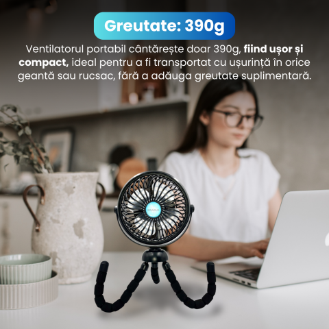 Ventilator Portabil, Trepied Flexibil si Detasabil, Baterie 2600mAh, Autonomie 10h, Reincarcabil USB, 3 Trepte, Rotire 360, Silentios, Ventilator Mobil Birou, Calatorie, Camping, Masina, Casa, Negru [5]