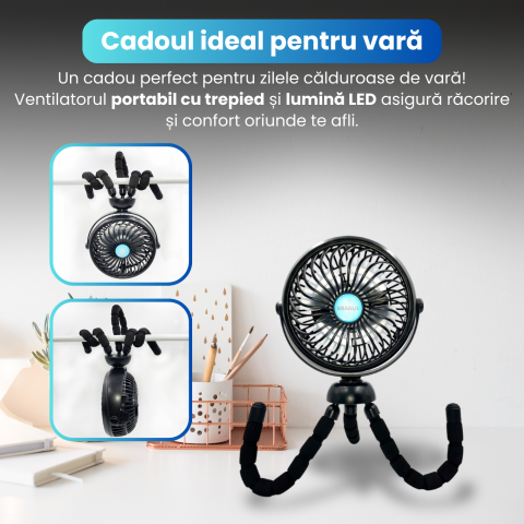 Ventilator Portabil, Trepied Flexibil si Detasabil, Baterie 2600mAh, Autonomie 10h, Reincarcabil USB, 3 Trepte, Rotire 360, Silentios, Ventilator Mobil Birou, Calatorie, Camping, Masina, Casa, Negru [6]