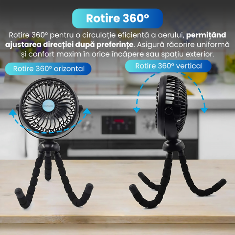 Ventilator Portabil, Trepied Flexibil si Detasabil, Baterie 2600mAh, Autonomie 10h, Reincarcabil USB, 3 Trepte, Rotire 360, Silentios, Ventilator Mobil Birou, Calatorie, Camping, Masina, Casa, Negru [2]