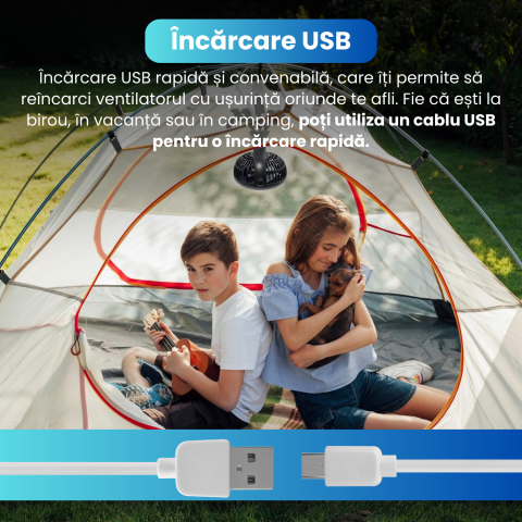 Ventilator Portabil, Trepied Flexibil si Detasabil, Baterie 2600mAh, Autonomie 10h, Reincarcabil USB, 3 Trepte, Rotire 360, Silentios, Ventilator Mobil Birou, Calatorie, Camping, Masina, Casa, Negru [3]