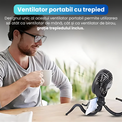 Ventilator Portabil, Trepied Flexibil si Detasabil, Baterie 2600mAh, Autonomie 10h, Reincarcabil USB, 3 Trepte, Rotire 360, Silentios, Ventilator Mobil Birou, Calatorie, Camping, Masina, Casa, Negru [4]