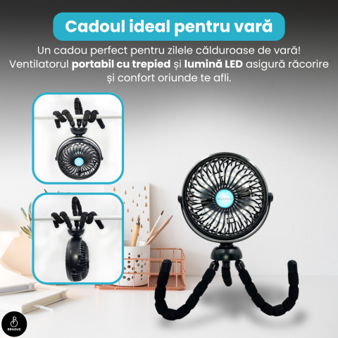 Ventilator Portabil, Trepied Flexibil si Detasabil, Baterie 2600mAh, Autonomie 10h, Reincarcabil USB, 3 Trepte, Rotire 360, Silentios, Ventilator Mobil Birou, Calatorie, Camping, Masina, Casa, Negru [13]
